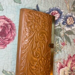 Patricia Nash Embossed Floral Leather Wallet in Cognac Brown